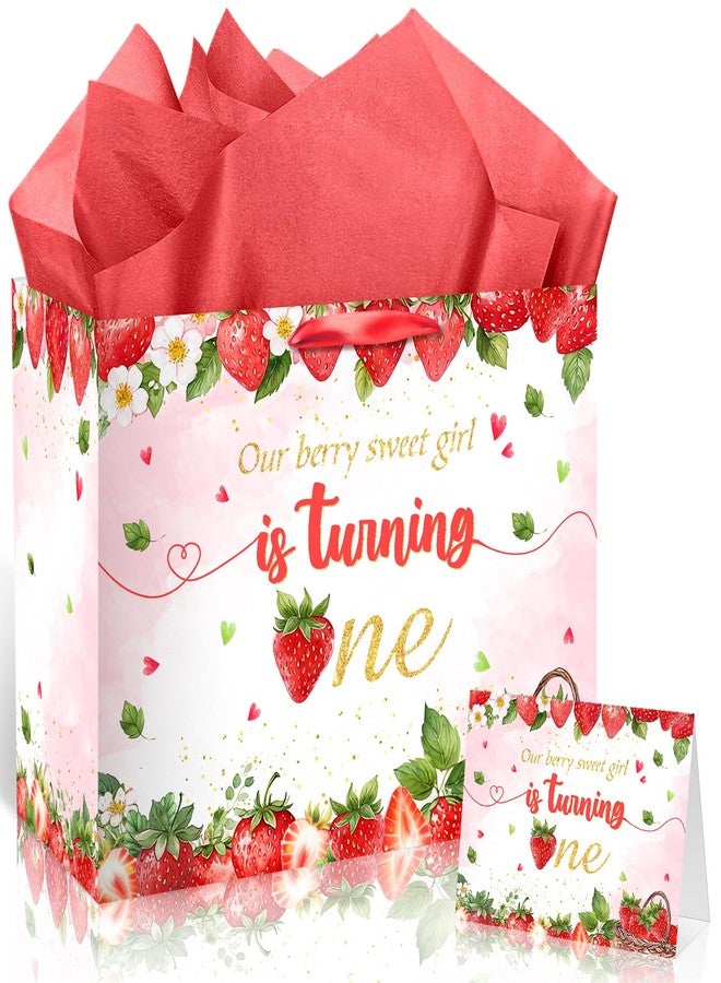 Woosytoo Strawberry 1st Birthday Gift Bag Berry Birthday Decorations Large Sweet One Wrapping Bag with Tissue Paper and Greeting Card for Baby Girl Christmas Xmas Baby Shower Party Favors Supplies - Image 1